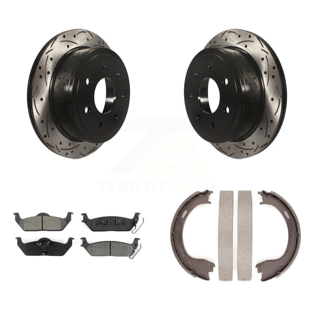 Rear Disc Drilled & Slotted Rotors Semi-Metallic Pads Parking Shoes Kit For Ford F-150 KDS-101334