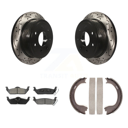 Rear Disc Drilled & Slotted Rotors Semi-Metallic Pads Parking Shoes Kit For Ford F-150 KDS-101334