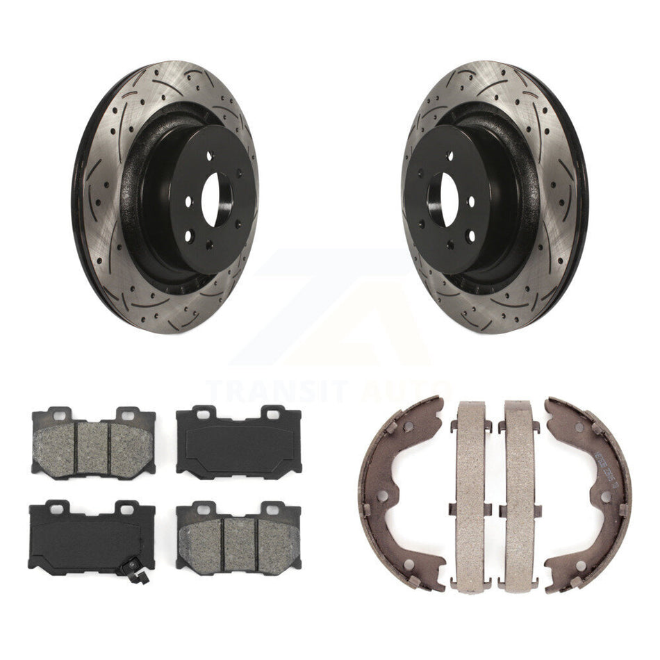 Rear Disc Drilled & Slotted Rotors Semi-Metallic Pads Parking Shoes Kit For INFINITI G37 KDS-101335