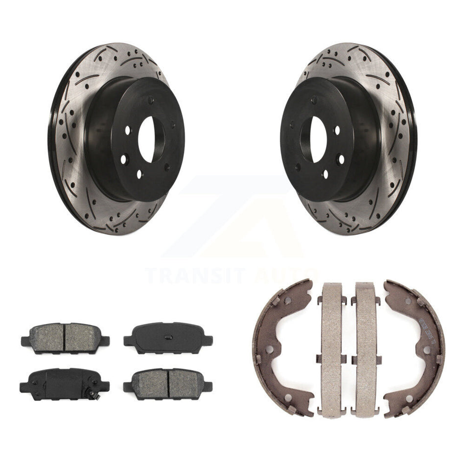 Rear Disc Drilled & Slotted Rotors Semi-Metallic Pads Parking Shoes Kit For INFINITI G35 KDS-101343