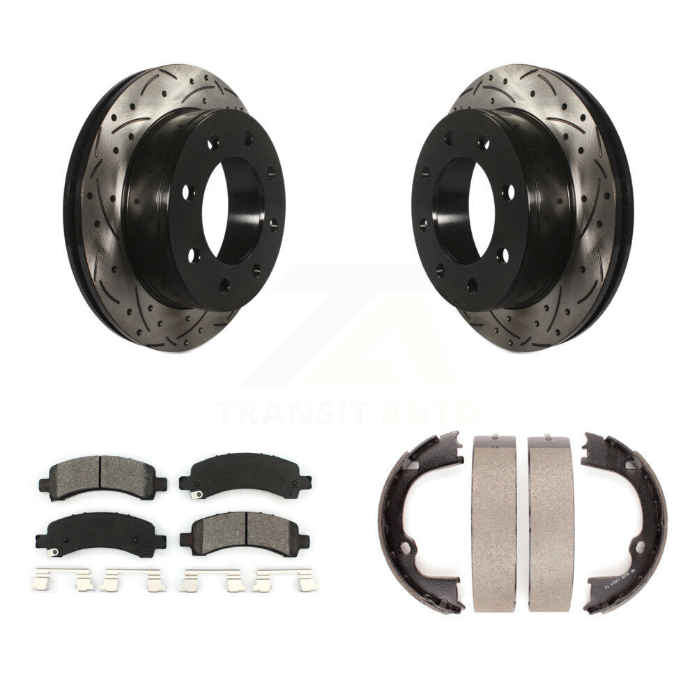 Rear Disc Drilled & Slotted Rotors Semi-Metallic Pads Parking Shoes Kit For Chevrolet GMC KDS-101344
