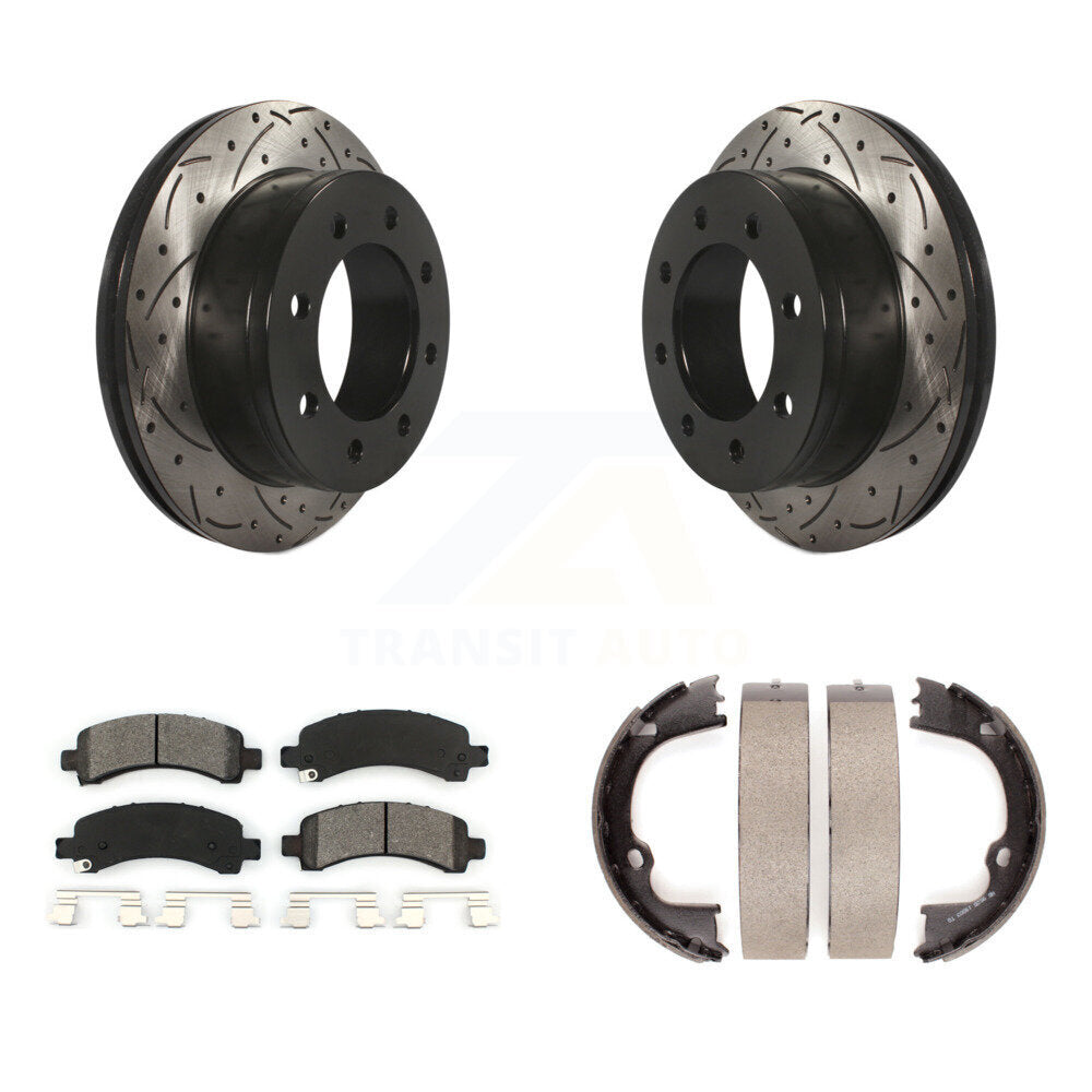Rear Disc Drilled & Slotted Rotors Semi-Metallic Pads Parking Shoes Kit For Chevrolet GMC KDS-101345