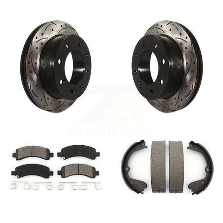 Rear Disc Drilled & Slotted Rotors Semi-Metallic Pads And Parking Brake Shoes Kit For KDS-101346
