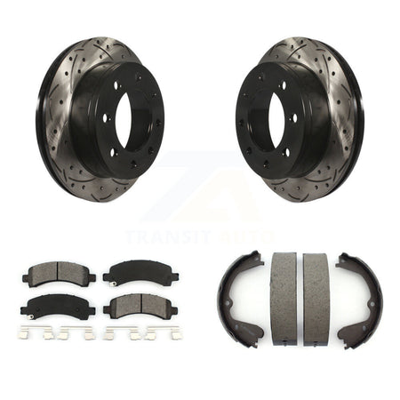 Rear Disc Drilled & Slotted Rotors Semi-Metallic Pads And Parking Brake Shoes Kit For KDS-101347