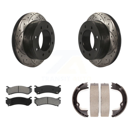 Rear Disc Drilled & Slotted Rotors Semi-Metallic Pads Parking Shoes Kit For GMC Chevrolet KDS-101349