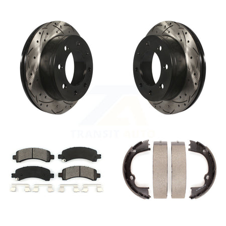Rear Disc Drilled & Slotted Rotors Semi-Metallic Pads Parking Shoes Kit For Chevrolet GMC KDS-101350