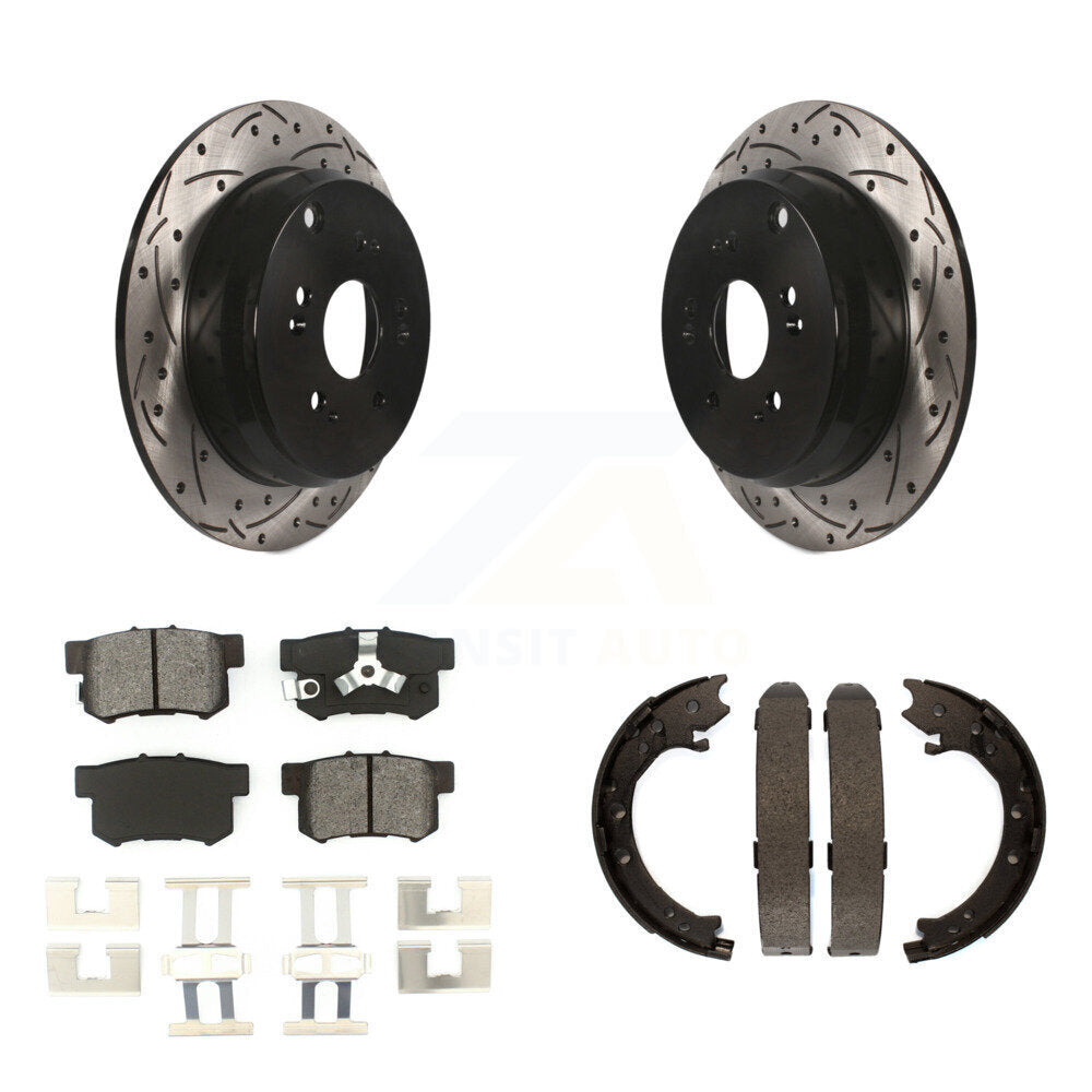Rear Disc Drilled & Slotted Rotors Semi-Metallic Pads Parking Shoes Kit For Honda CR-V KDS-101352