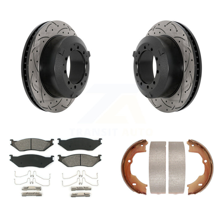 Rear Disc Drilled & Slotted Rotors Semi-Metallic Pads Parking Shoes Kit For Ford F-450 KDS-101353
