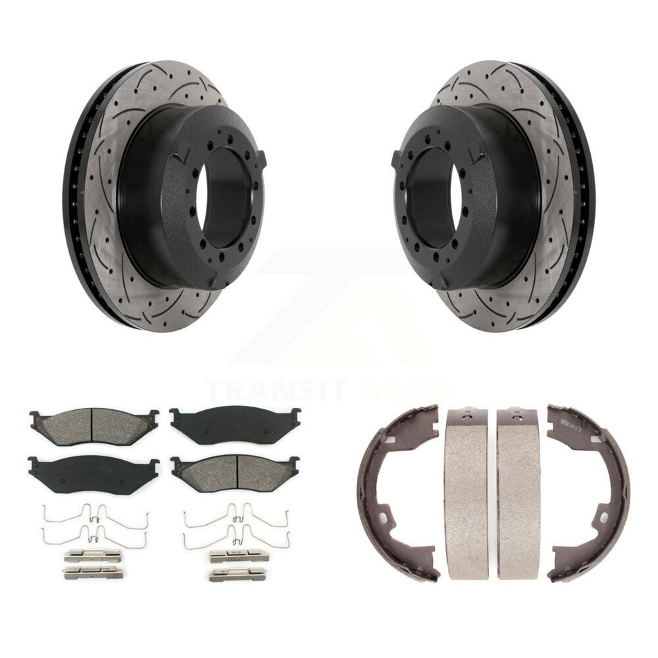 Rear Disc Drilled & Slotted Rotors Semi-Metallic Pads Parking Shoes Kit For Ford F-450 IC KDS-101354