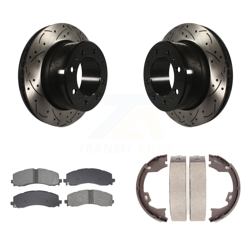 Rear Disc Drilled & Slotted Rotors Semi-Metallic Pads Parking Shoes Kit For Ram 2500 3500 KDS-101355