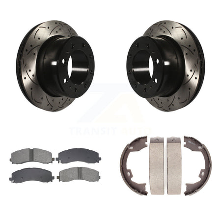 Rear Disc Drilled & Slotted Rotors Semi-Metallic Pads Parking Shoes Kit For Ram 2500 3500 KDS-101355