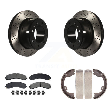 Rear Disc Drilled & Slotted Rotors Semi-Metallic Pads And Parking Shoes Kit For Ram 3500 KDS-101356