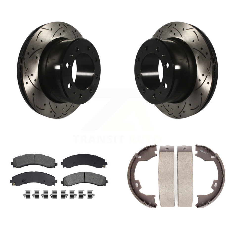 Rear Disc Drilled & Slotted Rotors Semi-Metallic Pads And Parking Shoes Kit For Ram 3500 KDS-101356
