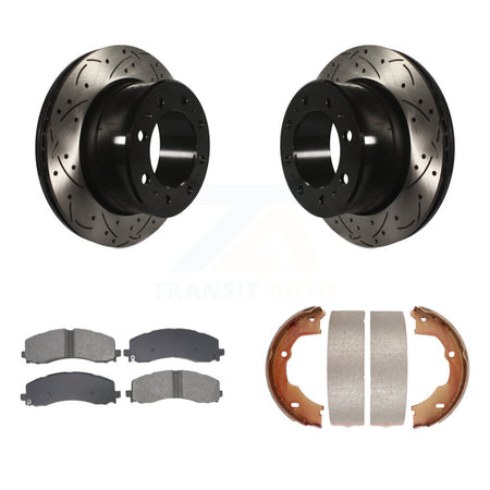 Rear Disc Drilled & Slotted Rotors Semi-Metallic Pads And Parking Shoes Kit For Ram 3500 KDS-101357