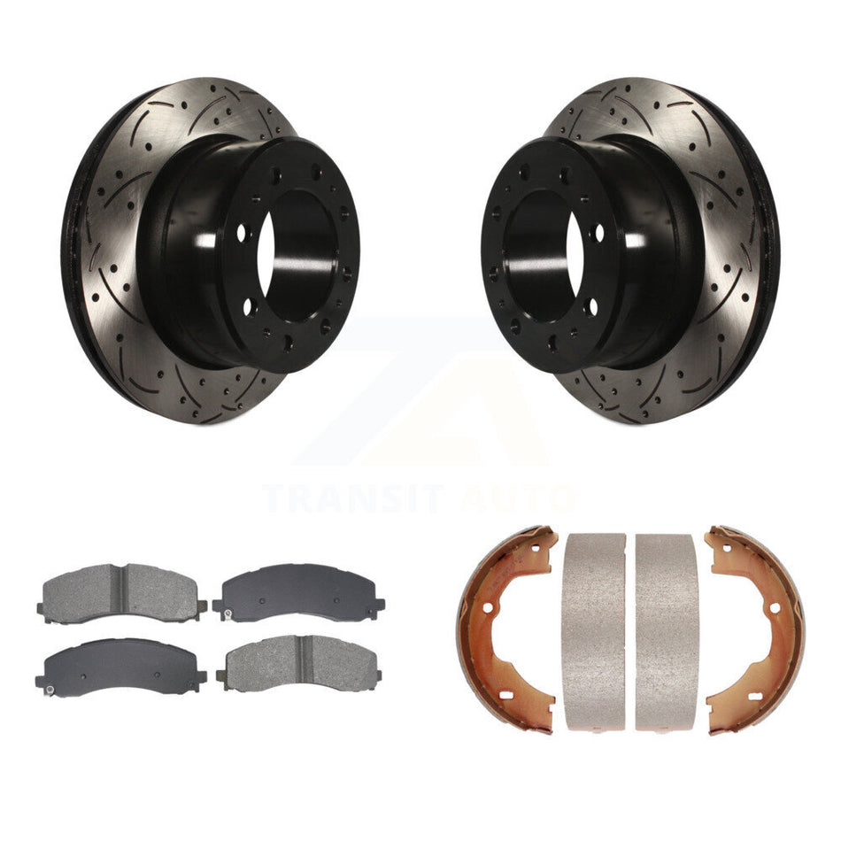 Rear Disc Drilled & Slotted Rotors Semi-Metallic Pads And Parking Shoes Kit For Ram 3500 KDS-101357