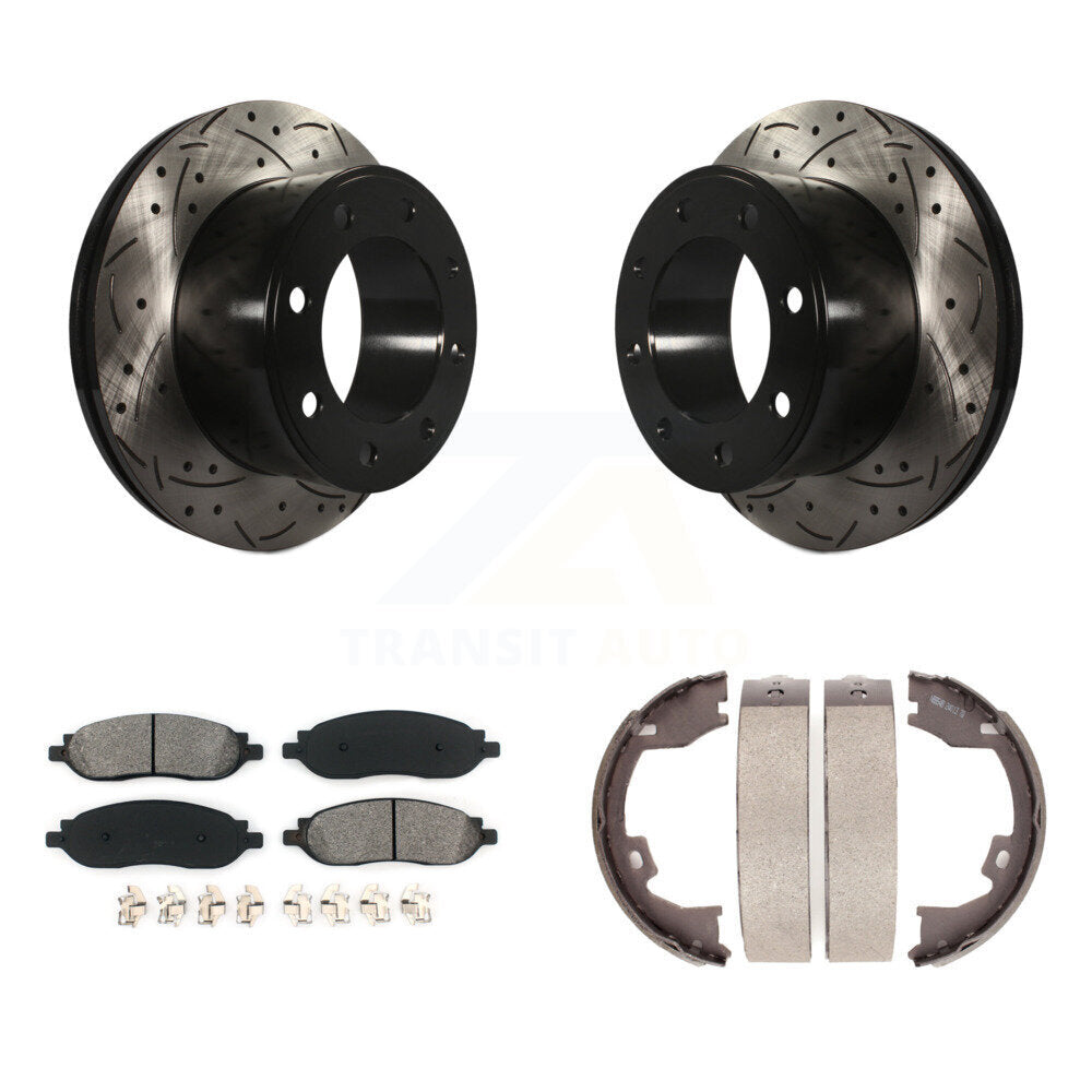 Rear Disc Drilled & Slotted Rotors Semi-Metallic Pads Parking Shoes Kit For Ford F-350 KDS-101358