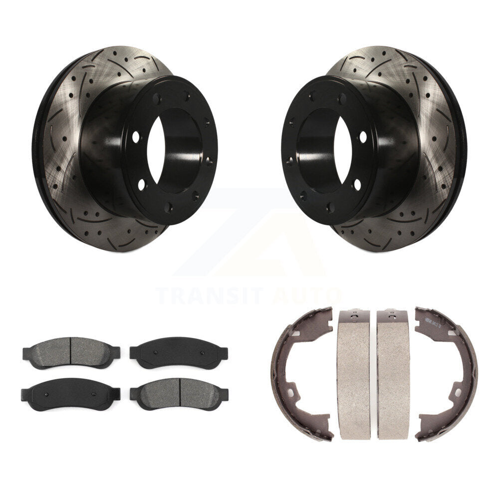 Rear Disc Drilled & Slotted Rotors Semi-Metallic Pads Parking Shoes Kit For Ford F-250 KDS-101360