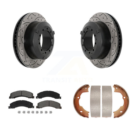 Rear Disc Drilled & Slotted Rotors Semi-Metallic Pads Parking Shoes Kit For Ram Dodge 45 KDS-101361