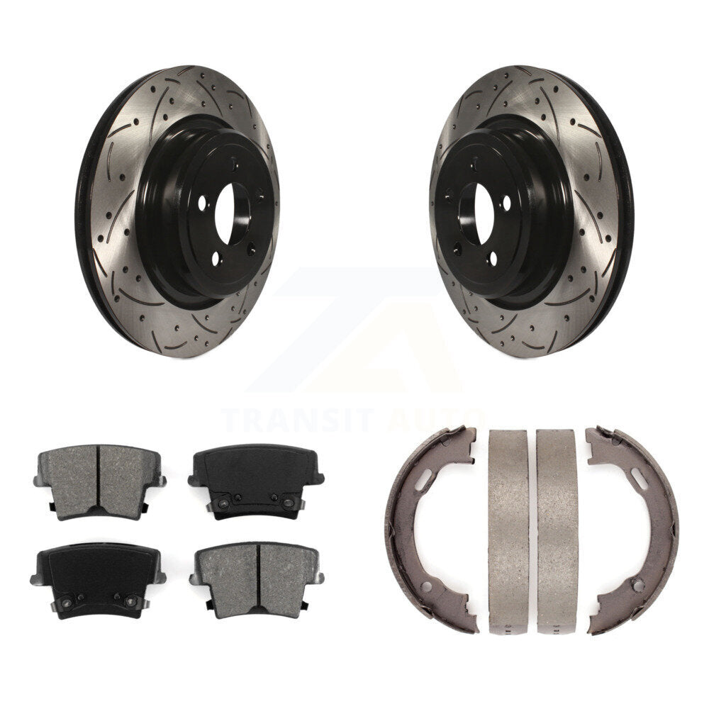 Rear Disc Drilled & Slotted Rotors Semi-Metallic Pads Parking Shoes Kit For Dodge Charger KDS-101364