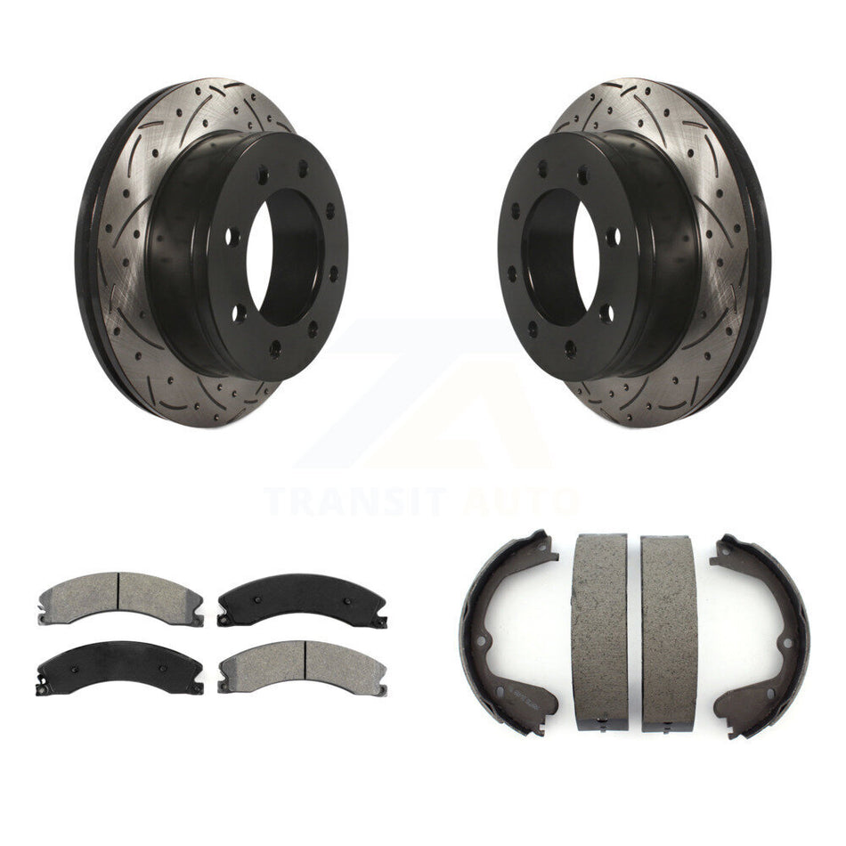 Rear Disc Drilled & Slotted Rotors Semi-Metallic Pads And Parking Brake Shoes Kit For KDS-101367