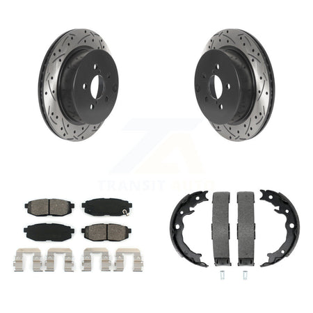 Rear Disc Drilled & Slotted Rotors Semi-Metallic Pads And Parking Brake Shoes Kit For KDS-101368