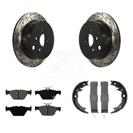 Rear Disc Drilled & Slotted Rotors Semi-Metallic Pads And Parking Brake Shoes Kit For KDS-101369