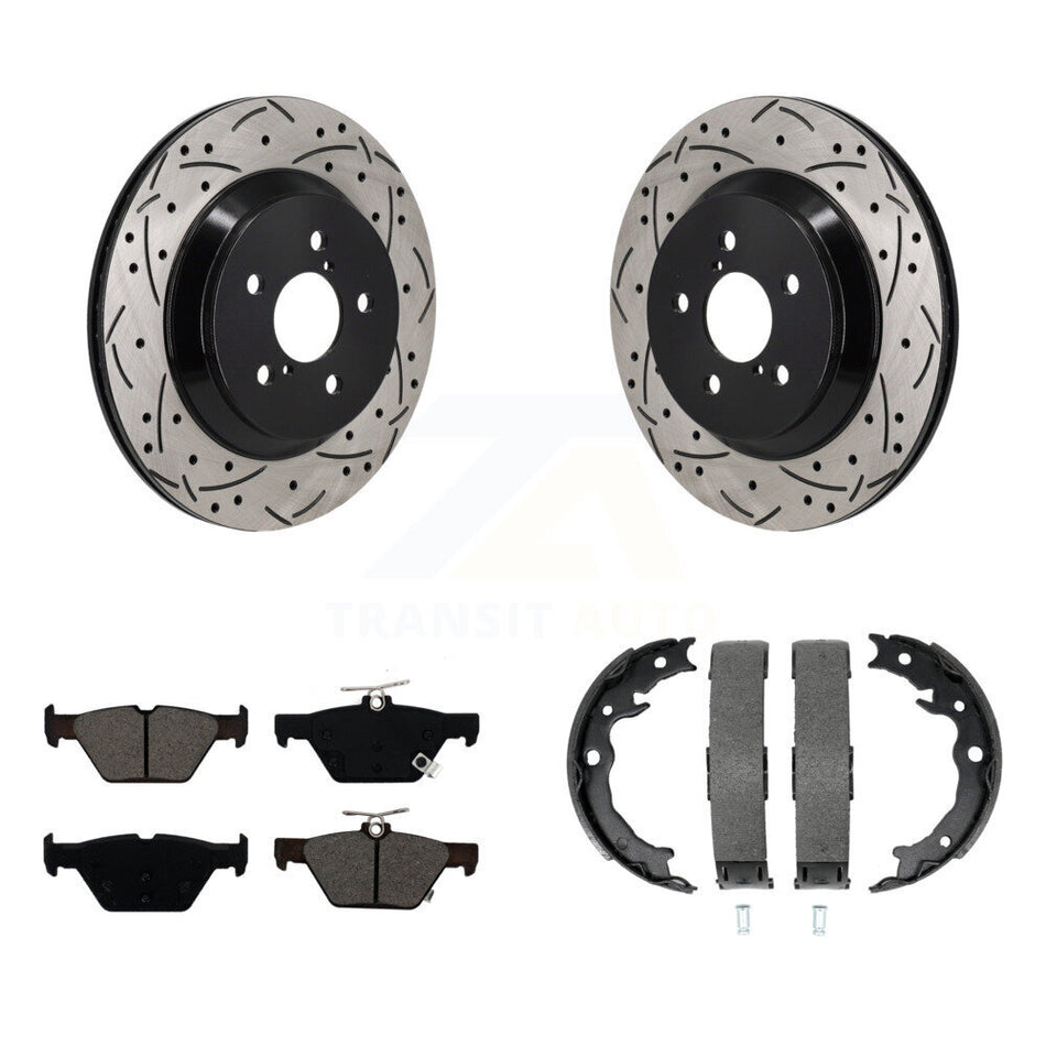 Rear Disc Drilled & Slotted Rotors Semi-Metallic Pads And Parking Brake Shoes Kit For KDS-101370