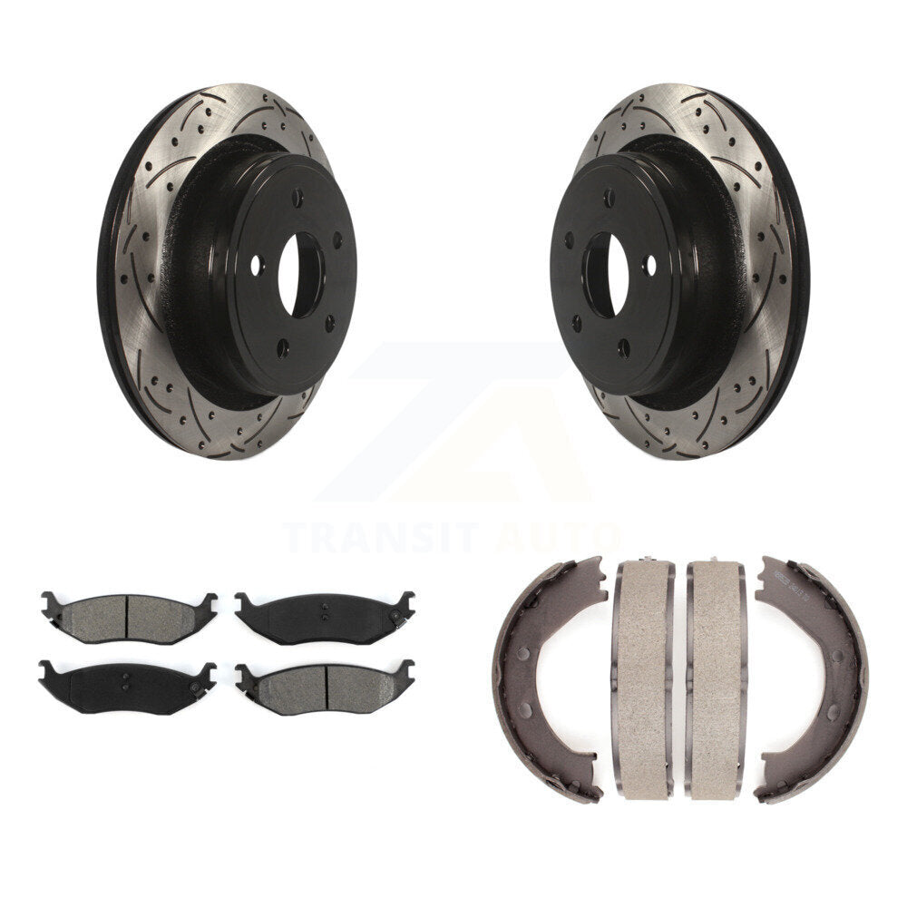 Rear Disc Drilled & Slotted Rotors Semi-Metallic Pads And Parking Brake Shoes Kit For KDS-101371