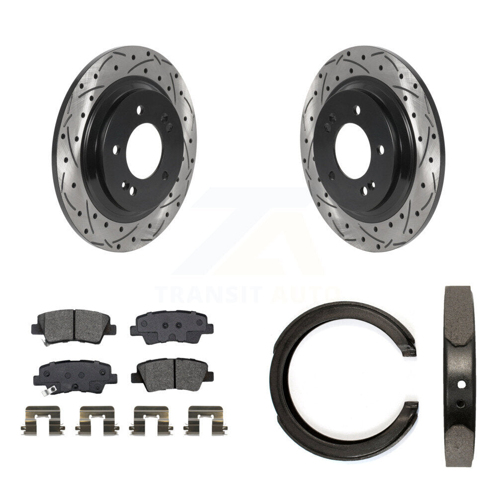 Rear Disc Drilled & Slotted Rotors Semi-Metallic Pads Parking Shoes Kit For Kia Optima KDS-101376