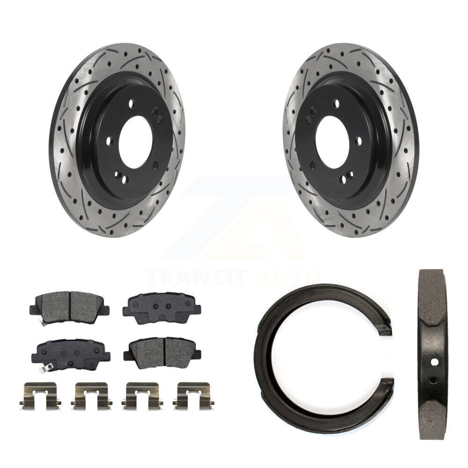 Rear Disc Drilled & Slotted Rotors Semi-Metallic Pads Parking Shoes Kit For Kia Optima KDS-101376