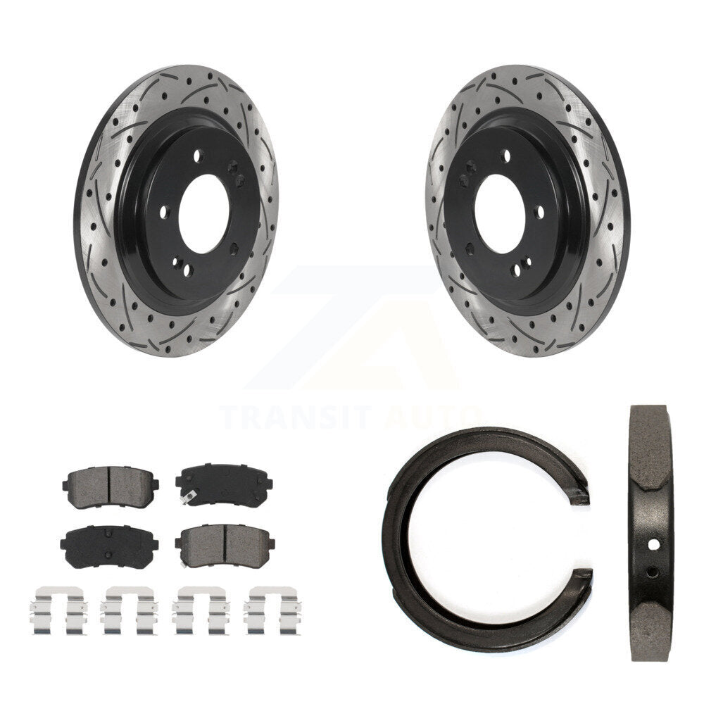 Rear Disc Drilled & Slotted Rotors Semi-Metallic Pads Parking Shoes Kit For Kia Optima KDS-101377