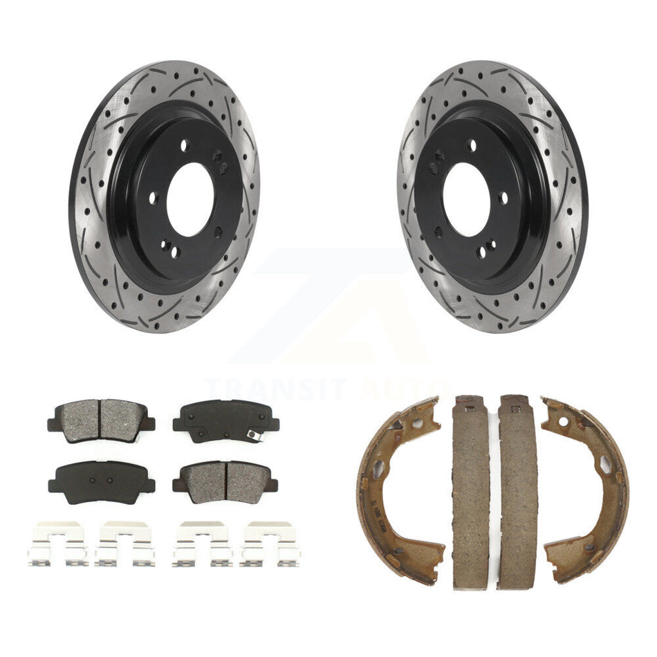 Rear Disc Drilled & Slotted Rotors Semi-Metallic Pads Parking Shoes Kit For Kia Optima KDS-101378