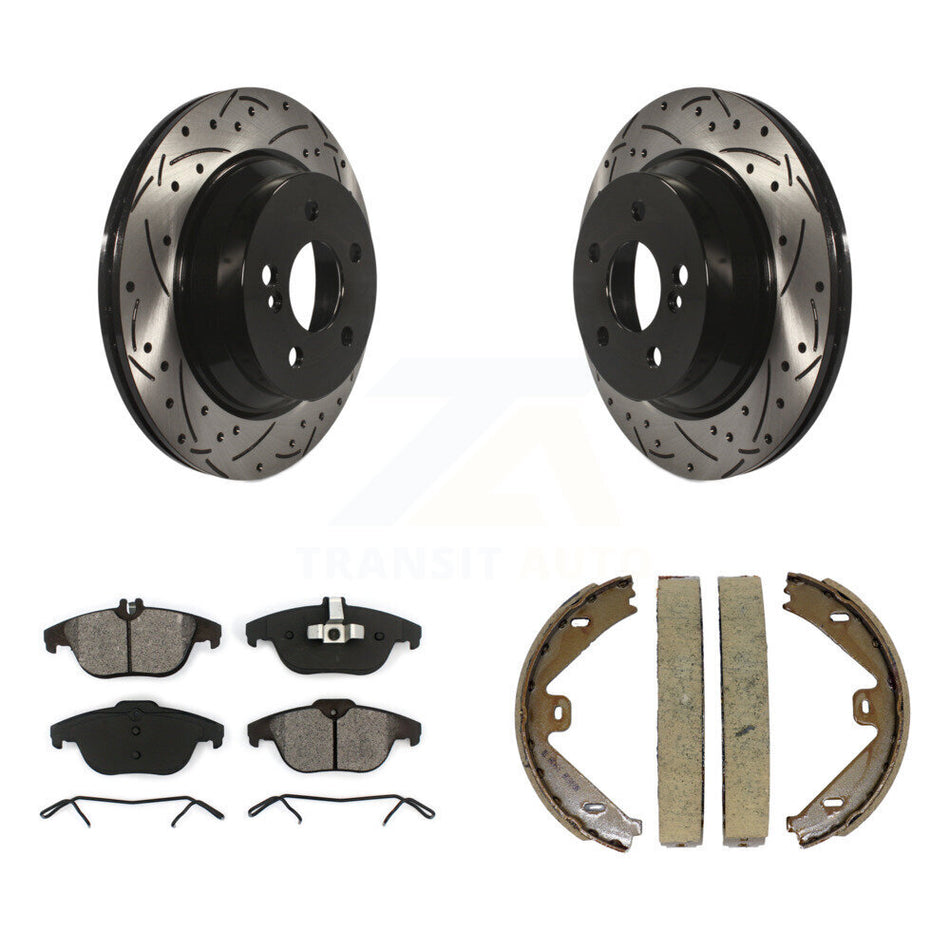 Rear Disc Drilled & Slotted Rotors Semi-Metallic Pads Parking Shoes Kit For Mercedes-Benz KDS-101389