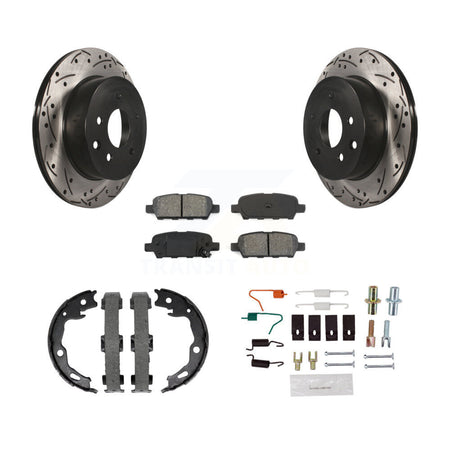 Rear Disc Drilled & Slotted Rotors Semi-Metallic Pads Parking Shoes And Hardware Kit For KDS-101390