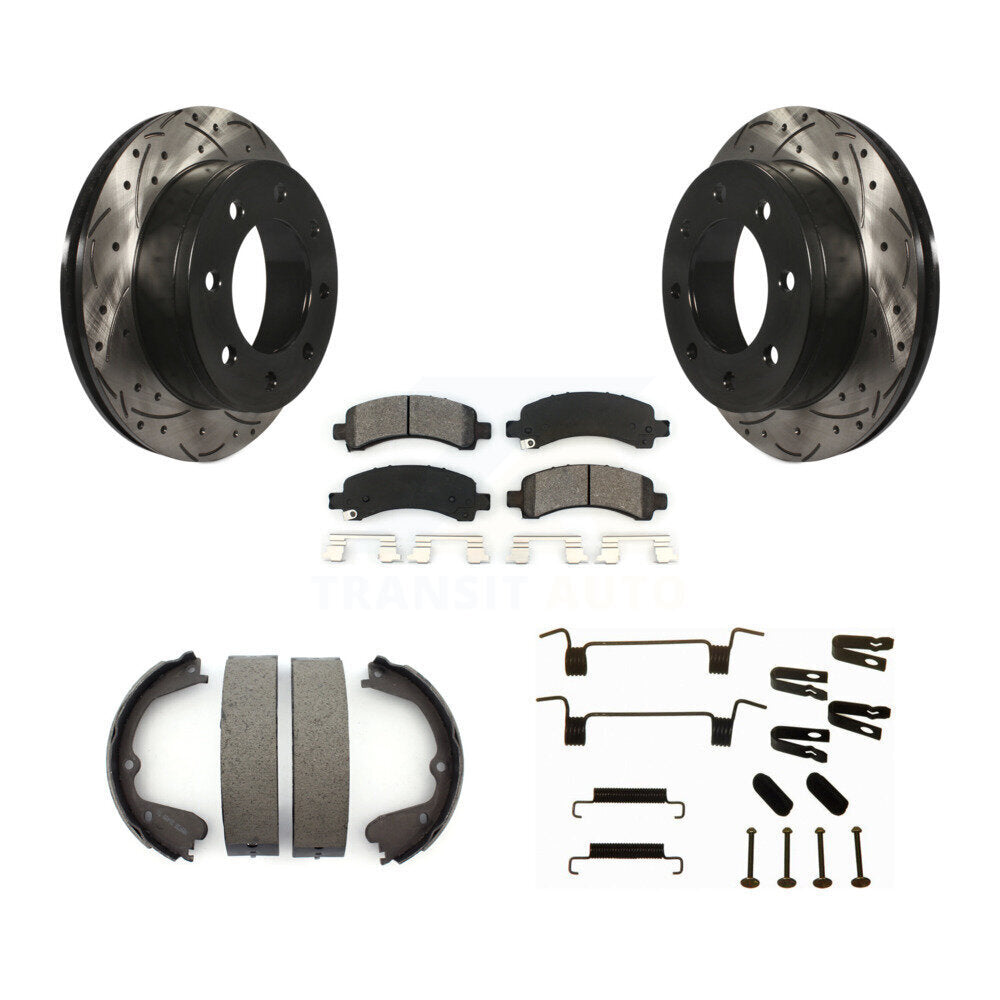 Rear Disc Drilled & Slotted Rotors Semi-Metallic Pads Parking Shoes And Hardware Kit For KDS-101394