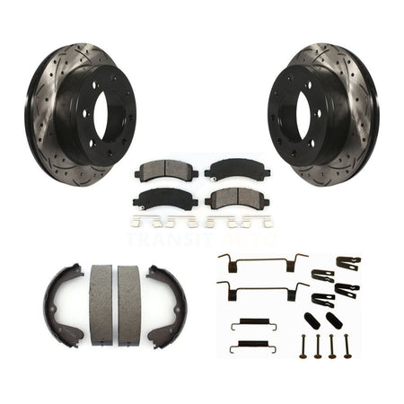 Rear Disc Drilled & Slotted Rotors Semi-Metallic Pads Parking Shoes And Hardware Kit For KDS-101394