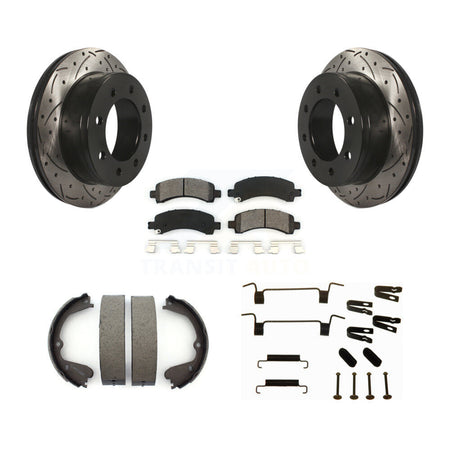 Rear Disc Drilled & Slotted Rotors Semi-Metallic Pads Parking Shoes And Hardware Kit For KDS-101395