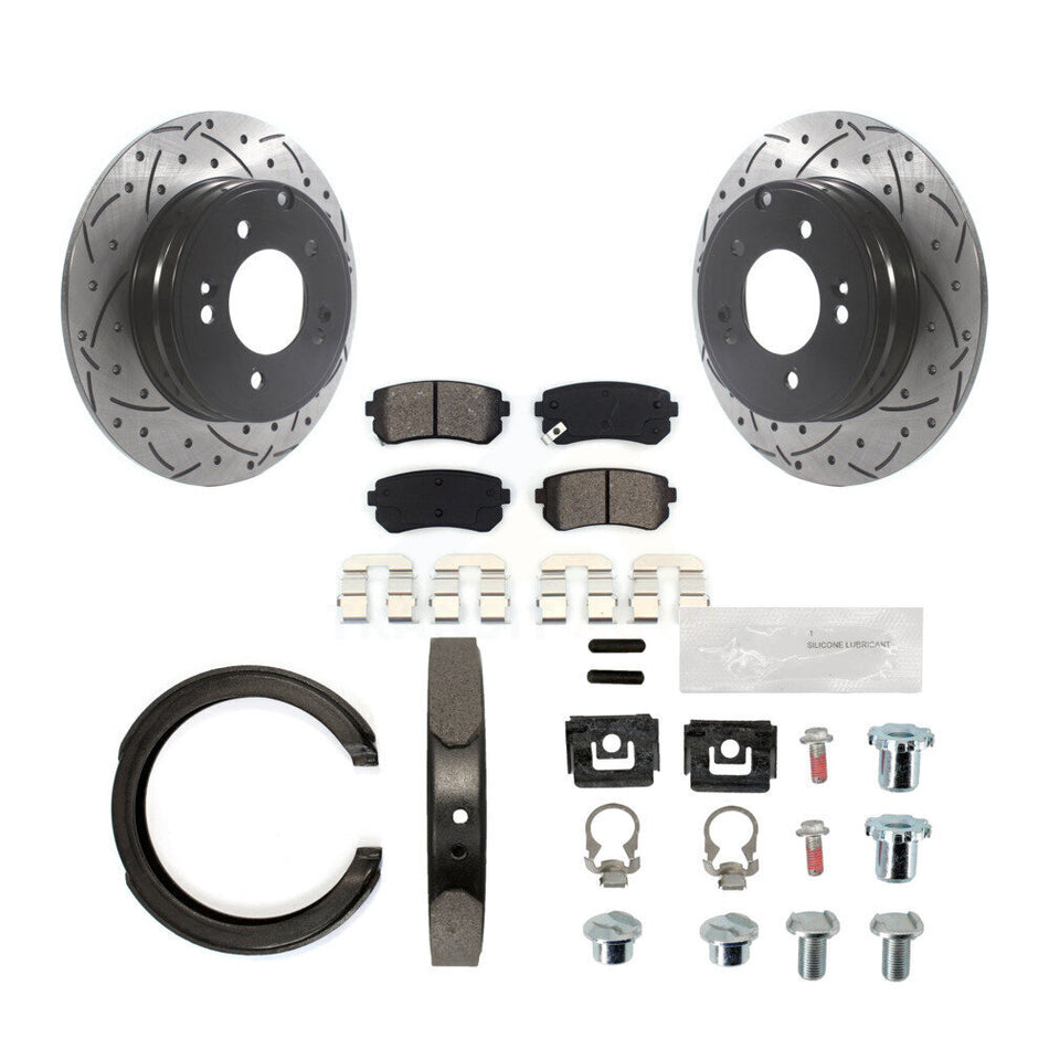 Rear Disc Drilled & Slotted Rotors Semi-Metallic Pads Parking Shoes Hardware Kit For Kia KDS-101398