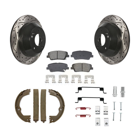 Rear Disc Drilled & Slotted Rotors Semi-Metallic Pads Parking Shoes Hardware Kit For Fe KDS-101399