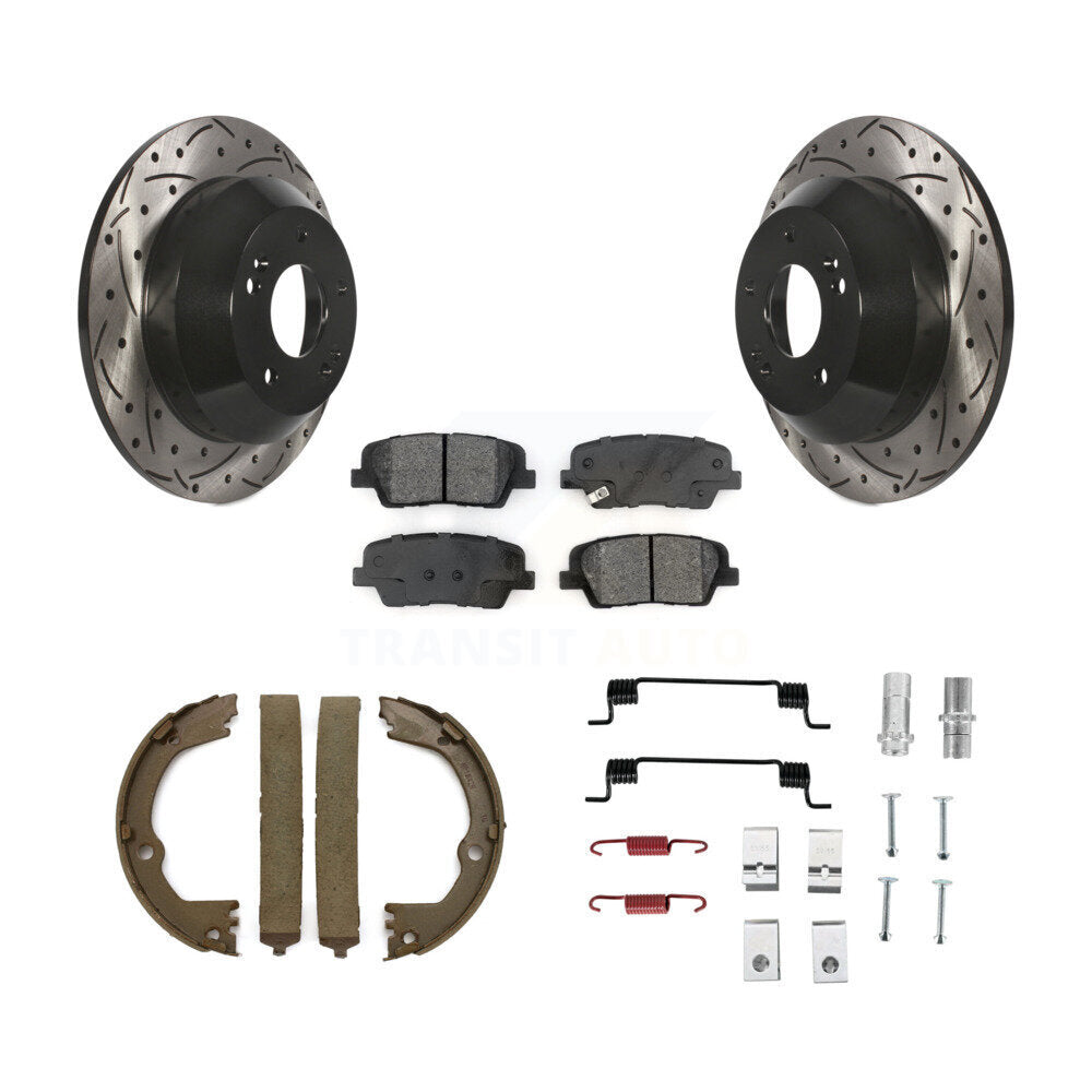 Rear Disc Drilled & Slotted Rotors Semi-Metallic Pads Parking Shoes And Hardware Kit For KDS-101400