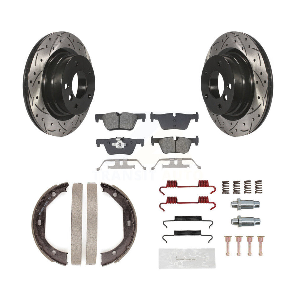 Rear Disc Drilled & Slotted Rotors Semi-Metallic Pads Parking Shoes And Hardware Kit For KDS-101403