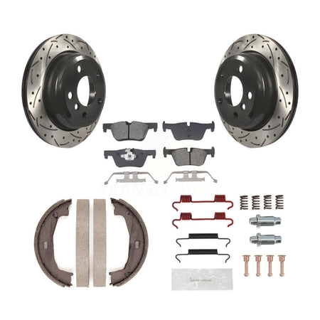 Rear Disc Drilled & Slotted Rotors Semi-Metallic Pads Parking Shoes Hardware Kit For BMW KDS-101406