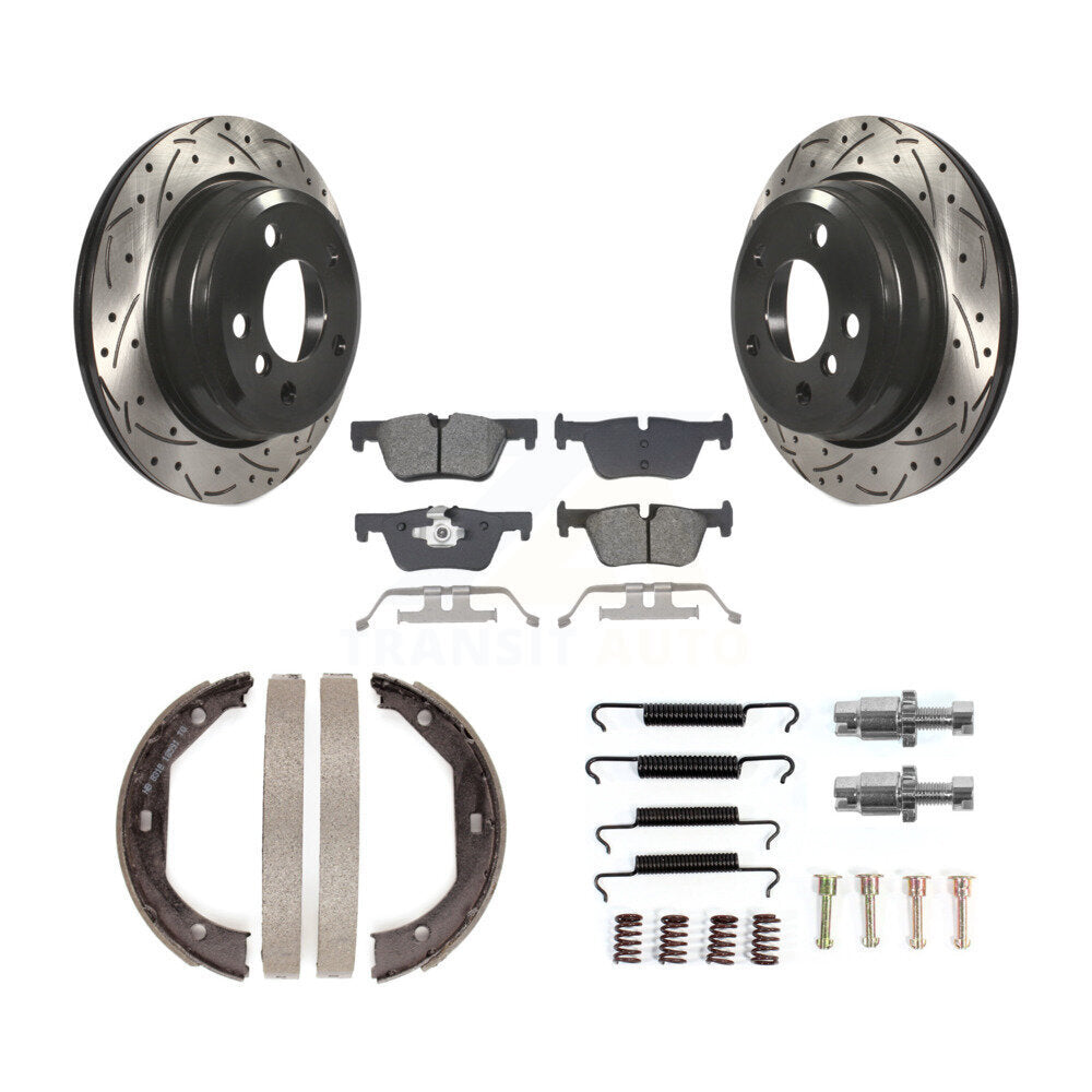 Rear Disc Drilled & Slotted Rotors Semi-Metallic Pads Parking Shoes Hardware Kit For BMW KDS-101407