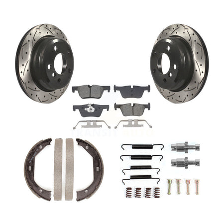 Rear Disc Drilled & Slotted Rotors Semi-Metallic Pads Parking Shoes Hardware Kit For BMW KDS-101407