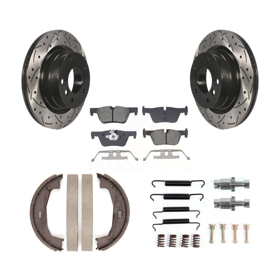 Rear Disc Drilled & Slotted Rotors Semi-Metallic Pads Parking Shoes And Hardware Kit For KDS-101410