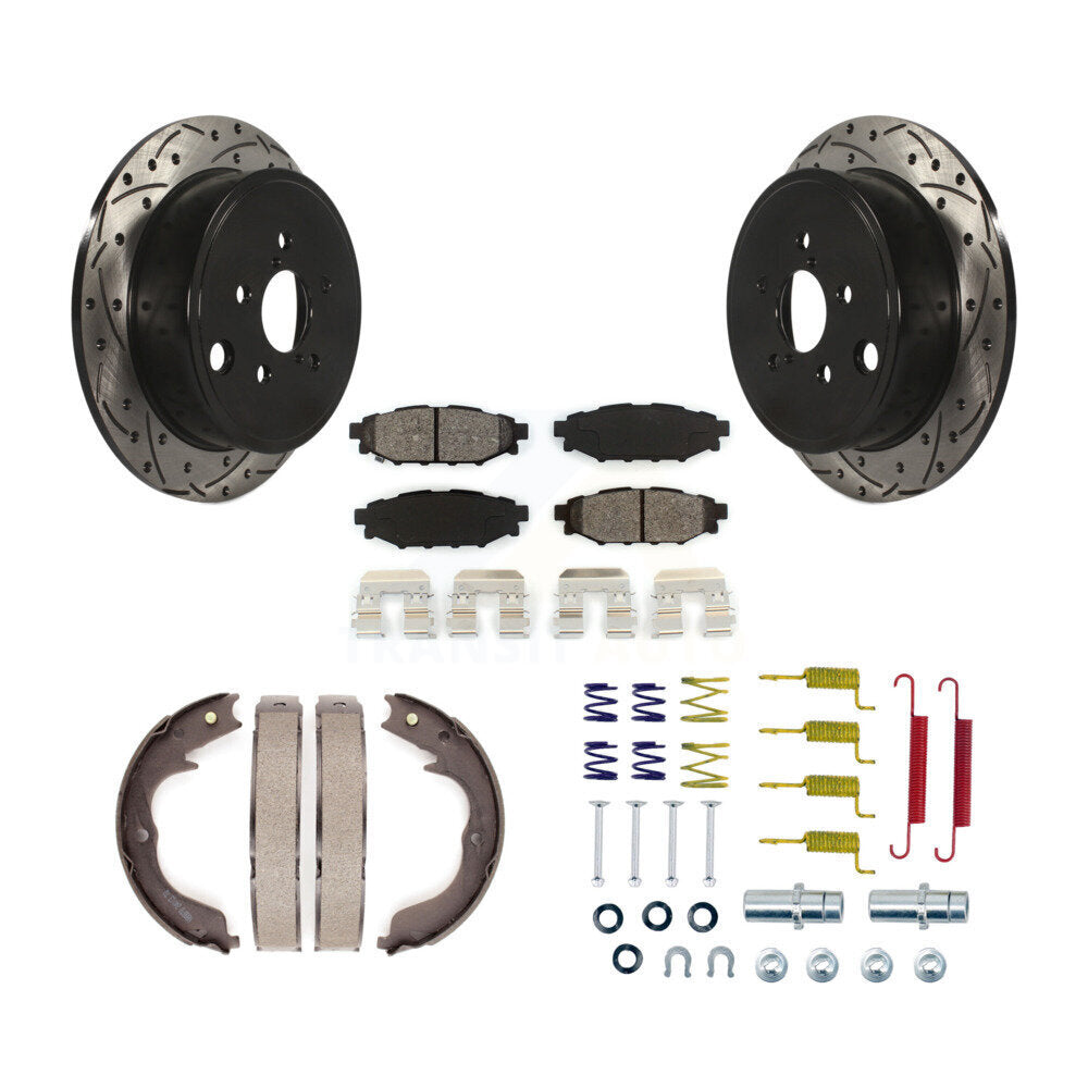 Rear Disc Drilled & Slotted Rotors Semi-Metallic Pads Parking Shoes And Hardware Kit For KDS-101414