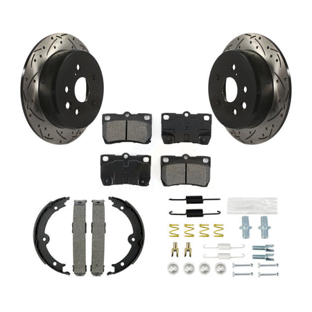 Rear Disc Drilled & Slotted Rotors Semi-Metallic Pads Parking Shoes And Hardware Kit For KDS-101415
