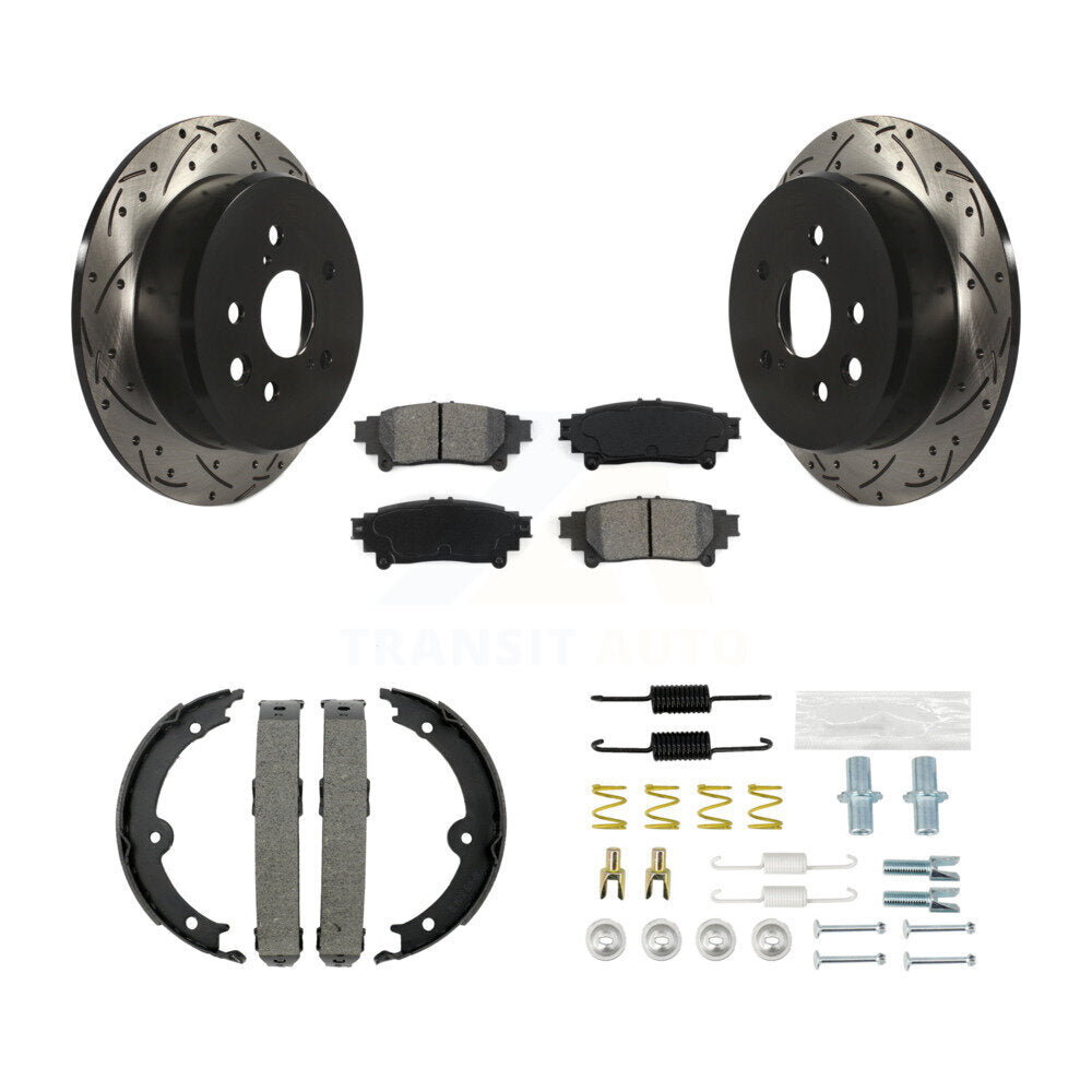 Rear Disc Drilled & Slotted Rotors Semi-Metallic Pads Parking Shoes And Hardware Kit For KDS-101416