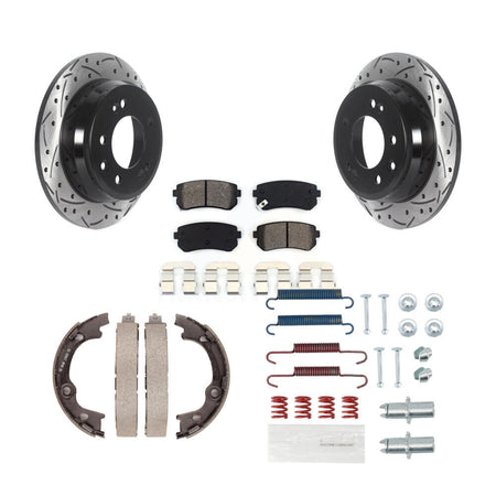Rear Disc Drilled & Slotted Rotors Semi-Metallic Pads Parking Shoes And Hardware Kit For KDS-101418