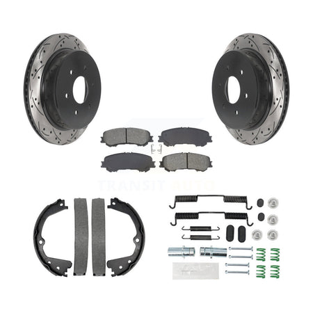 Rear Disc Drilled & Slotted Rotors Semi-Metallic Pads Parking Shoes And Hardware Kit For KDS-101421